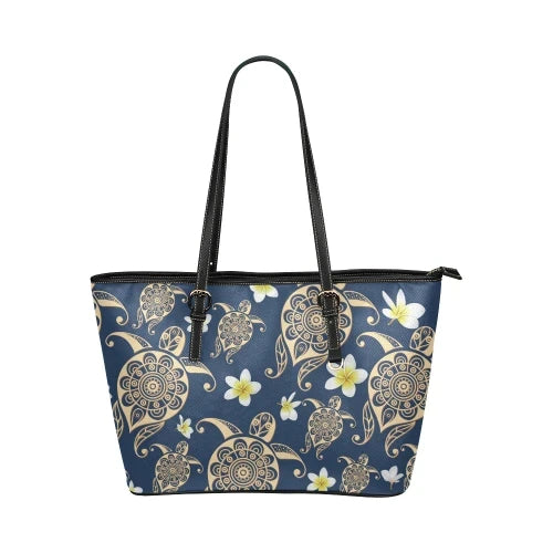 Turtle Plumeria Leather Tote Bag