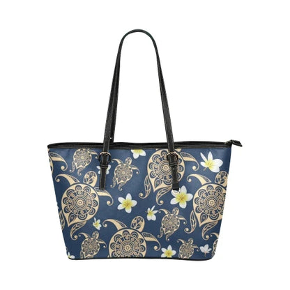 Turtle Plumeria Leather Tote Bag