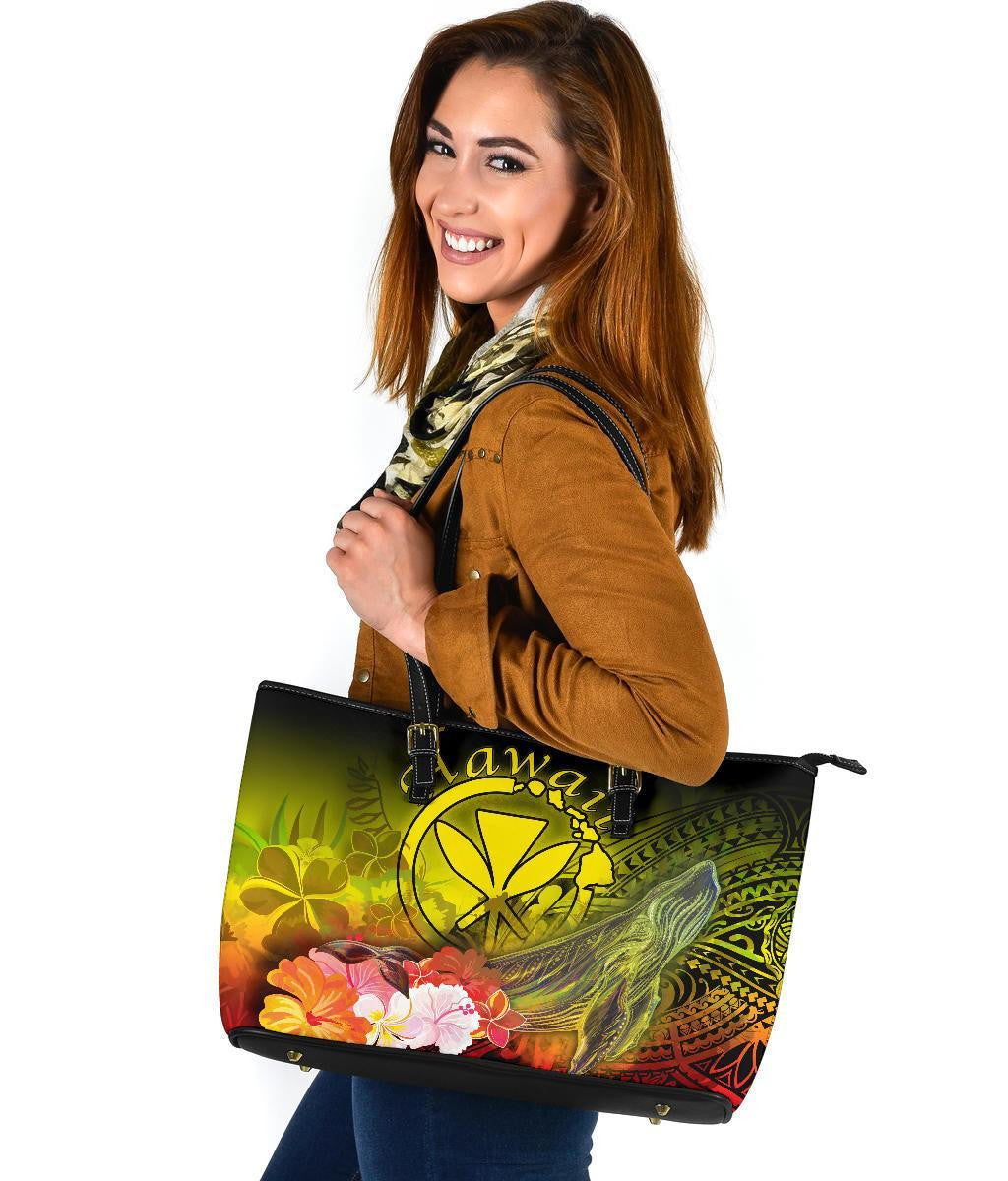 Polynesian Hawaii Leather Tote Bags Kanaka Maoli Humpback Whale With Tropical Flowers Yellow