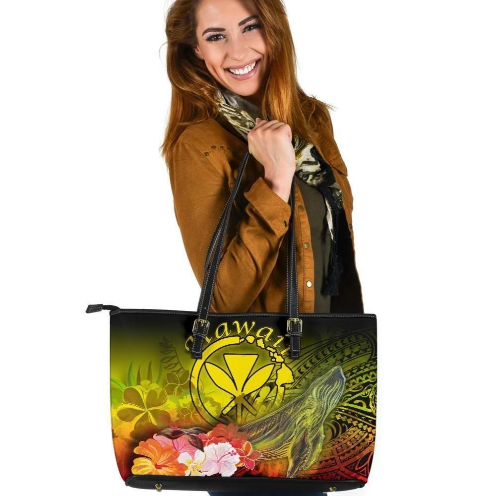 Polynesian Hawaii Leather Tote Bags Kanaka Maoli Humpback Whale With Tropical Flowers Yellow