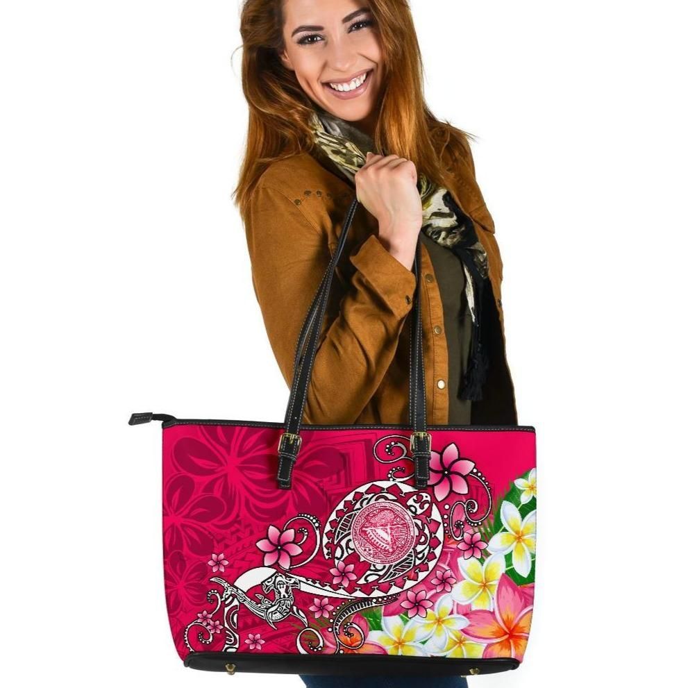 American Samoa Polynesian Leather Tote Bags Turtle Plumeria Pink
