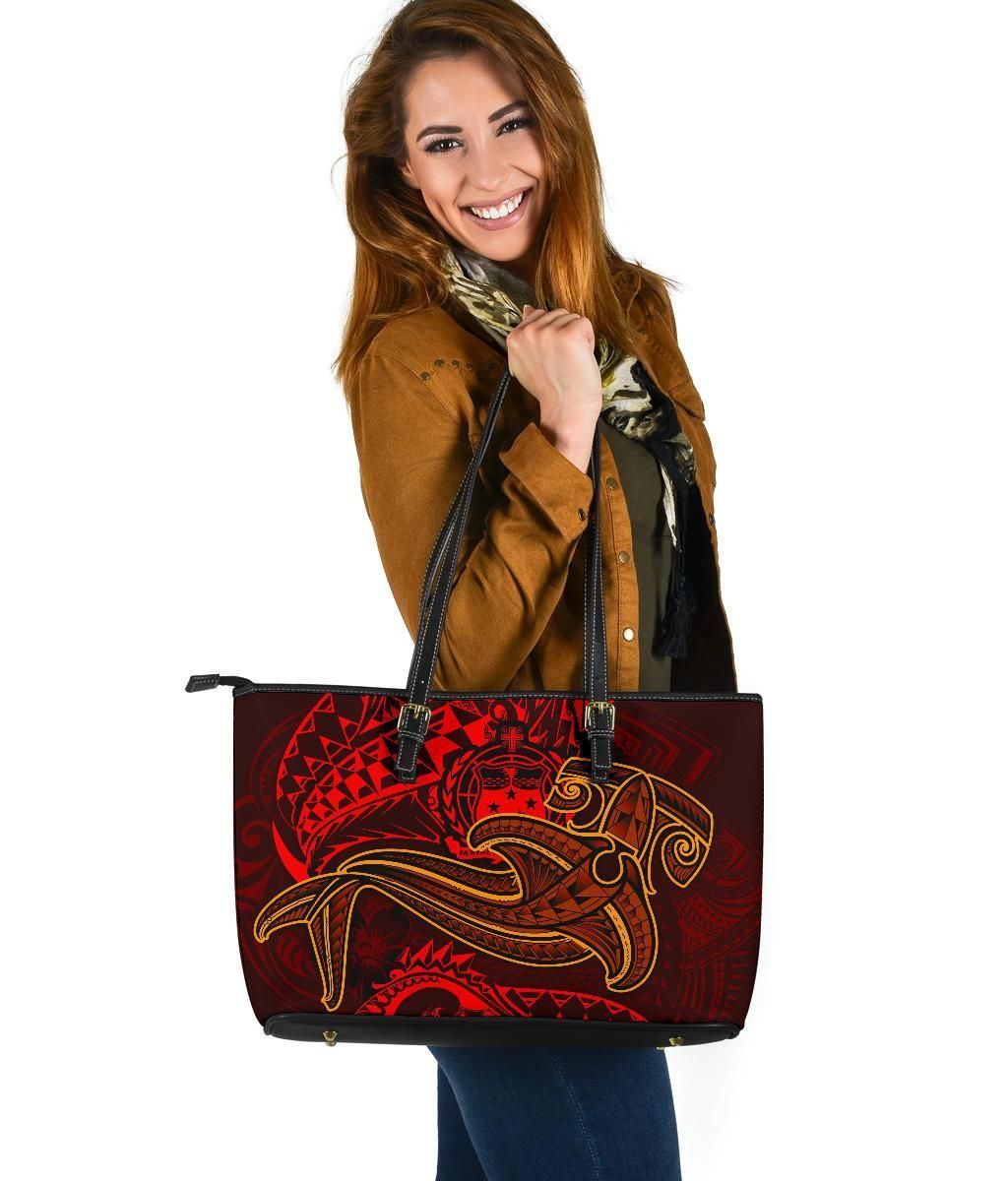 Samoa Leather Tote Bag Red Shark Polynesian Tattoo