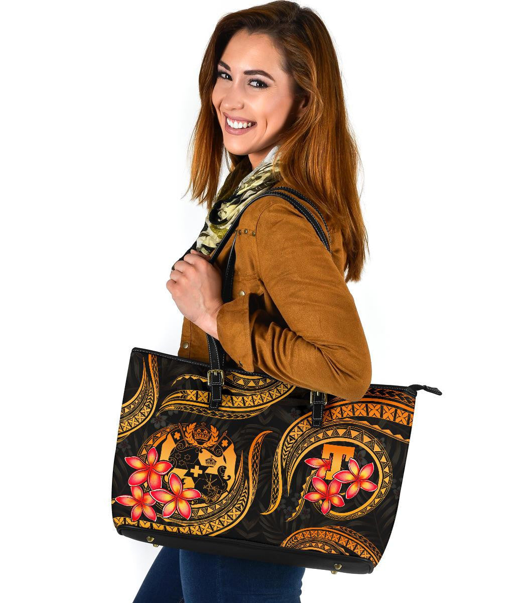 Tonga Polynesian Leather Tote Bag Gold Plumeria