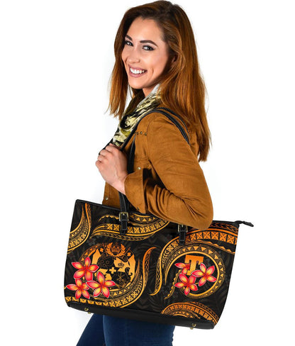 Tonga Polynesian Leather Tote Bag Gold Plumeria