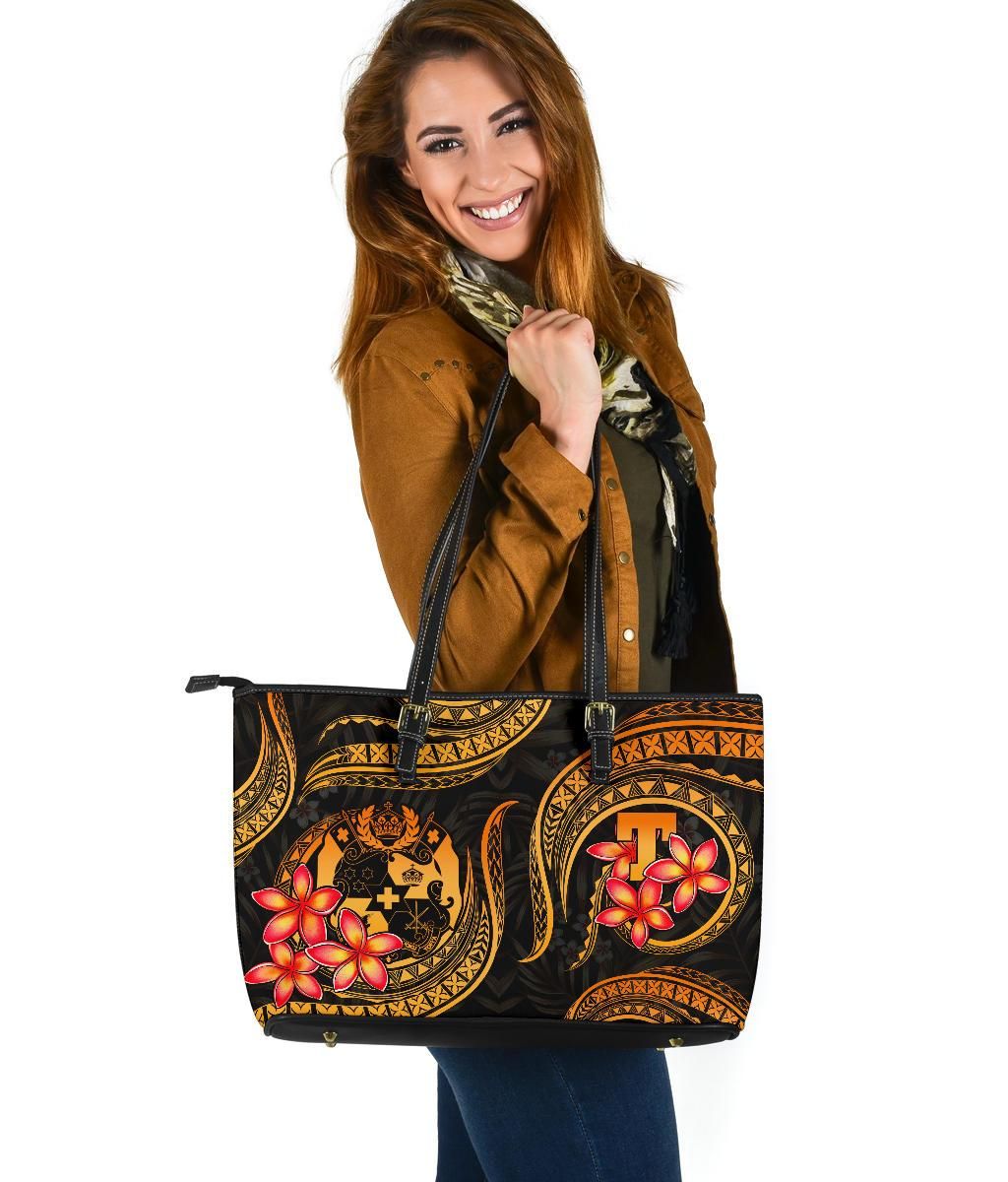 Tonga Polynesian Leather Tote Bag Gold Plumeria