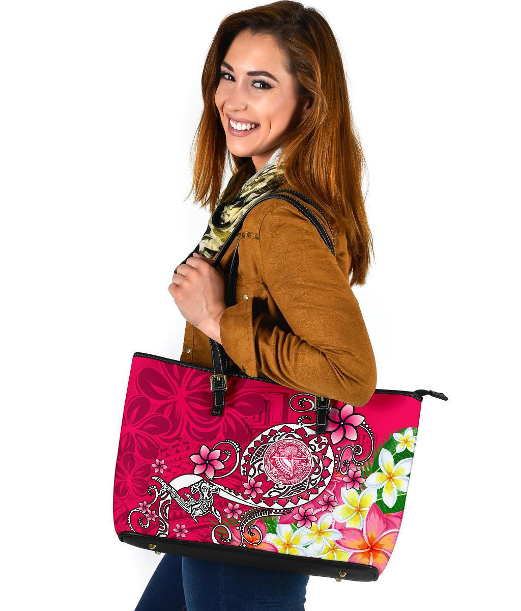 American Samoa Polynesian Leather Tote Bags Turtle Plumeria Pink