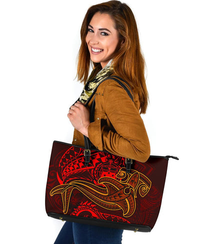 Samoa Leather Tote Bag Red Shark Polynesian Tattoo