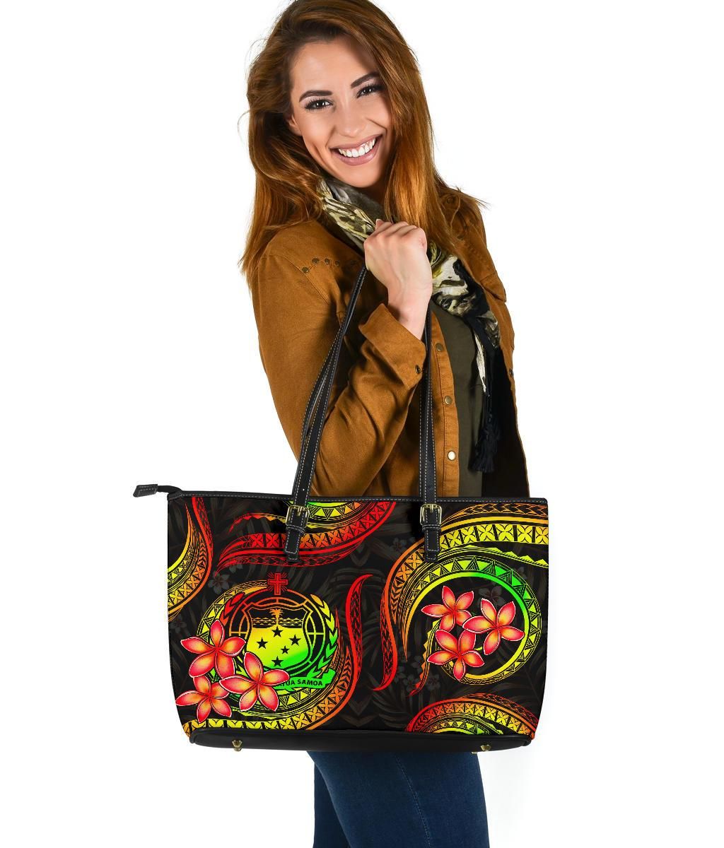 Samoa Polynesian Leather Tote Bag Reggae Plumeria