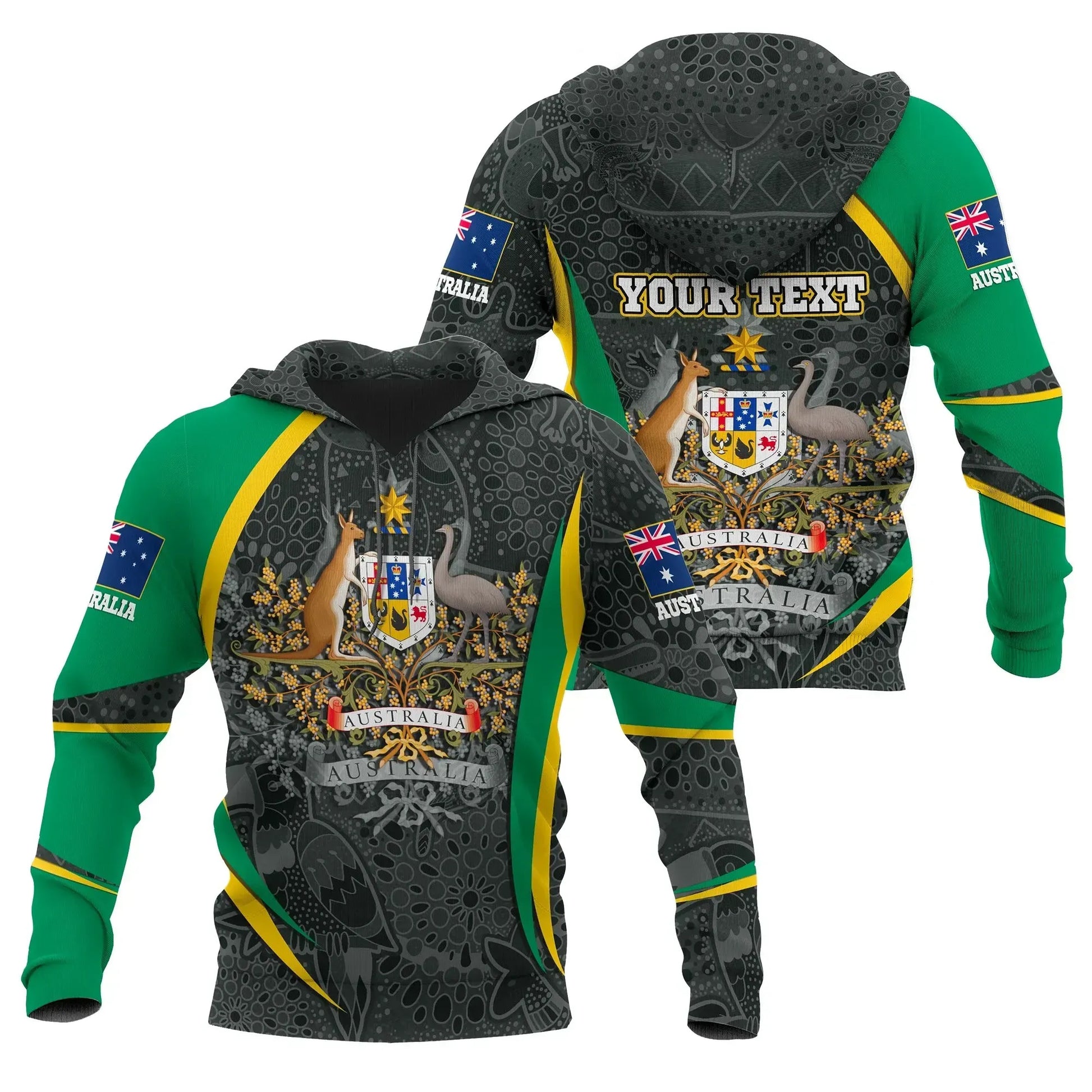Custom Text Australia Hoodie, Australian Coat Of Arms Aussie Spirit Green