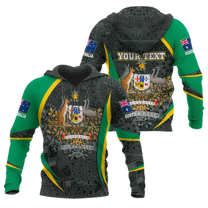 Custom Text Australia Hoodie, Australian Coat Of Arms Aussie Spirit Green
