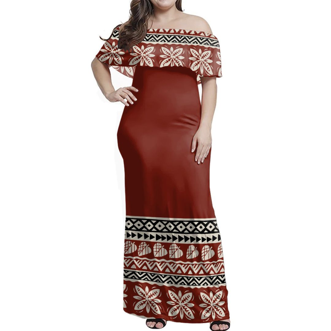 NE Fiji Bula Dress Ancient Tropical Pattern Off Shoulder Long Dress
