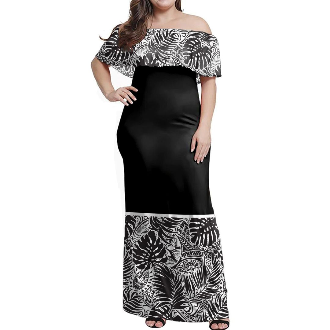 NE Fiji Bula Dress Tribal Leaves Off Shoulder Long Dress