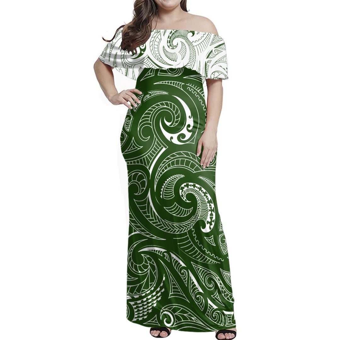 NE Maori Dress Green Arawa Off Shoulder Long Dress
