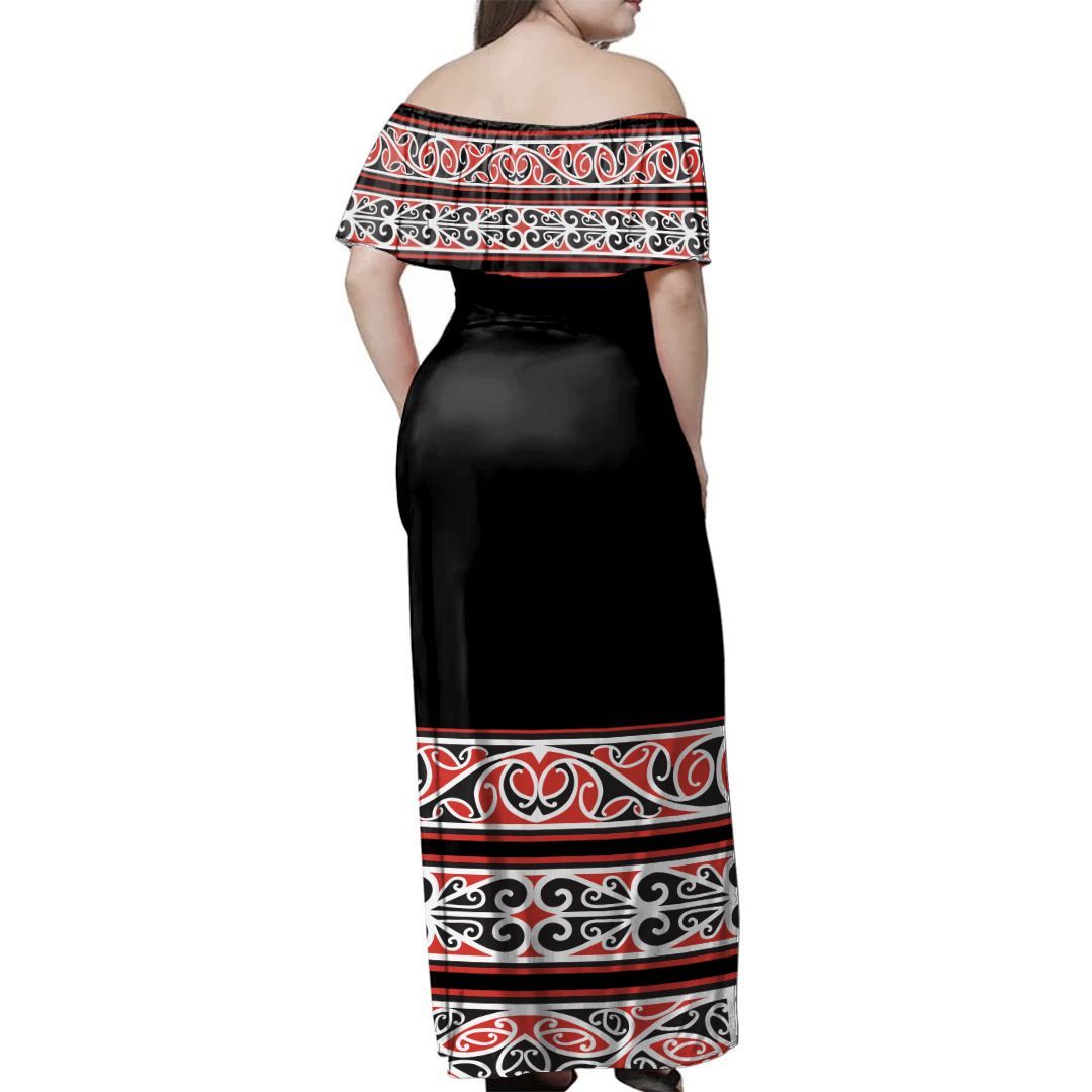 NE Maori Dress Koru Lines Off Shoulder Long Dress