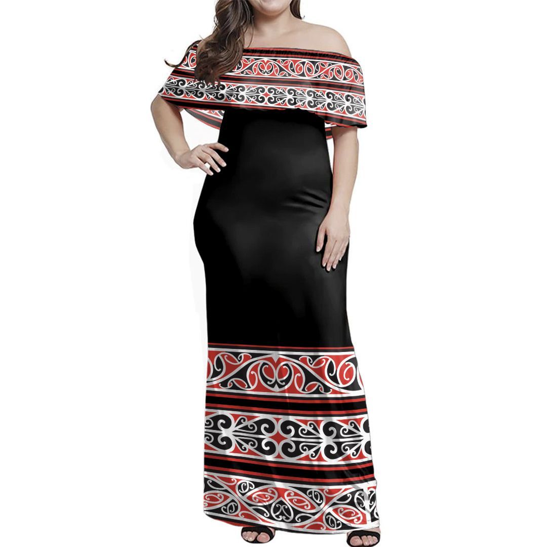 NE Maori Dress Koru Lines Off Shoulder Long Dress