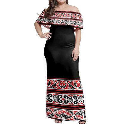 NE Maori Dress Koru Lines Off Shoulder Long Dress