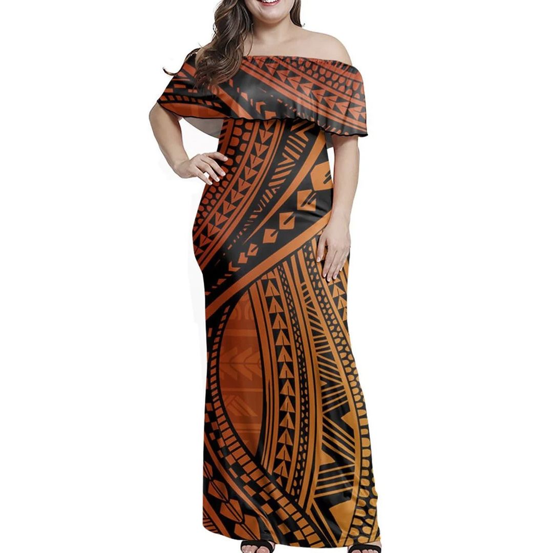 Polynesian Pride Dress Polynesian Tattoo Orange Off Shoulder Long Dress
