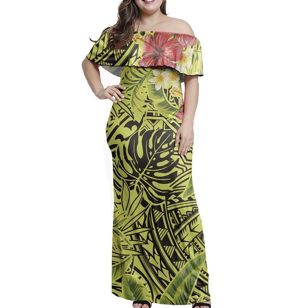 Polynesian Pride Dress Polynesian Hibiscus and Plumeria Off Shoulder Long Dress