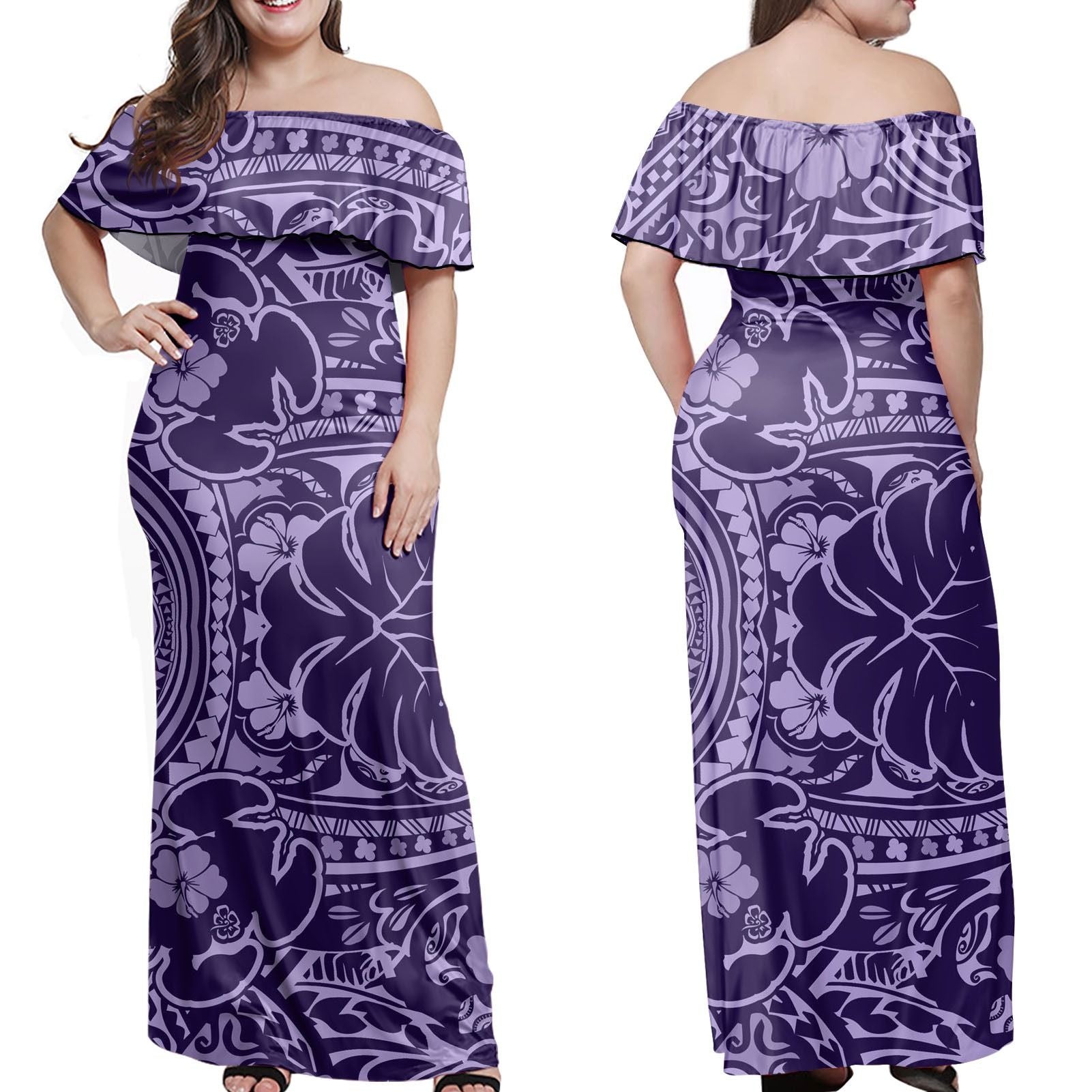 Polynesian Pride Dress Hibiscus Turtle Pattern Purple Ver2 Off Shoulder Long Dress