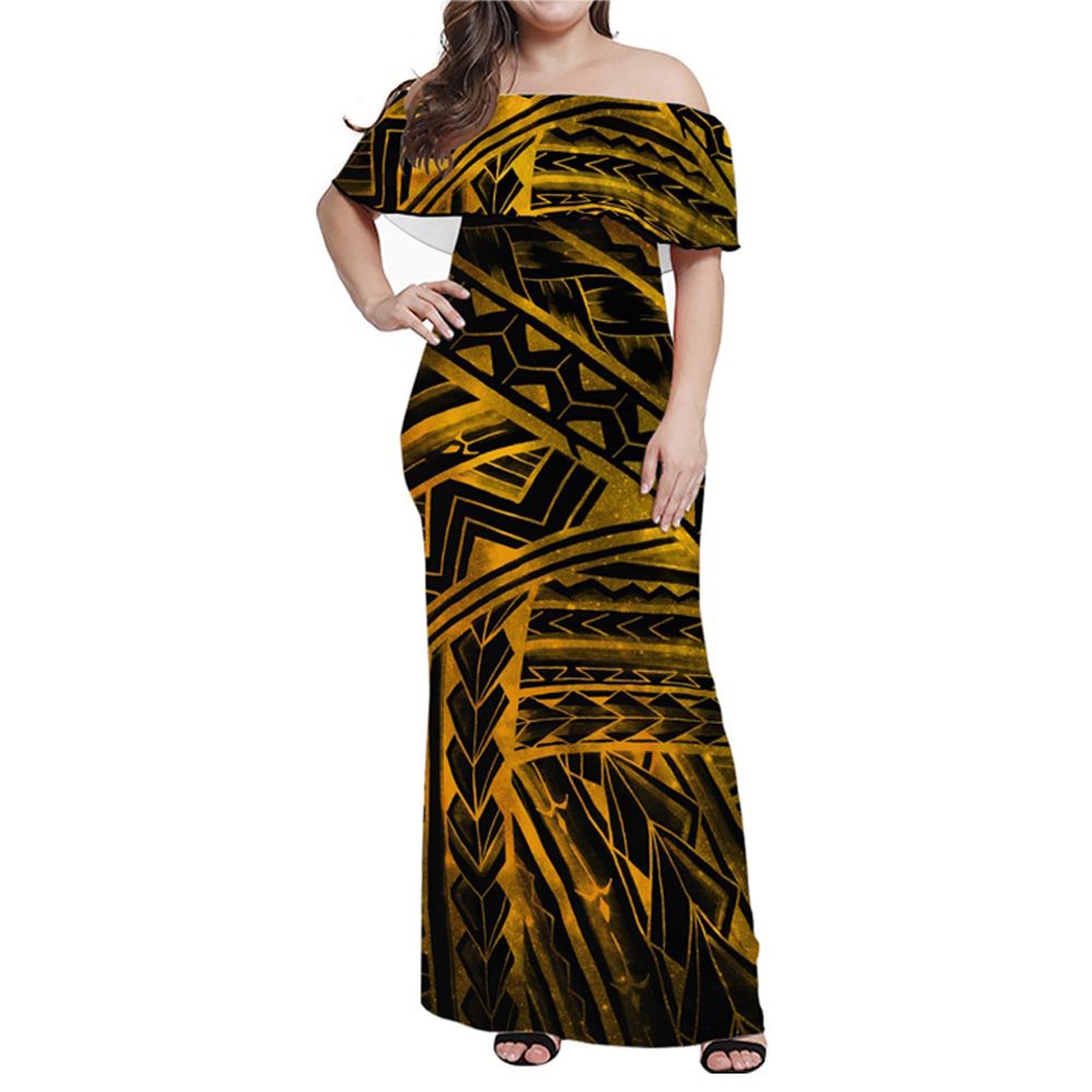 Polynesian Pride Dress Polynesian Spearhead Yellow Galaxy Off Shoulder Long Dress