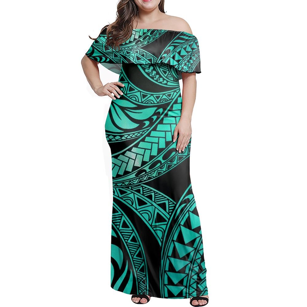Polynesian Pride Dress Tribal Polynesian Turquoise Ali Style Off Shoulder Long Dress