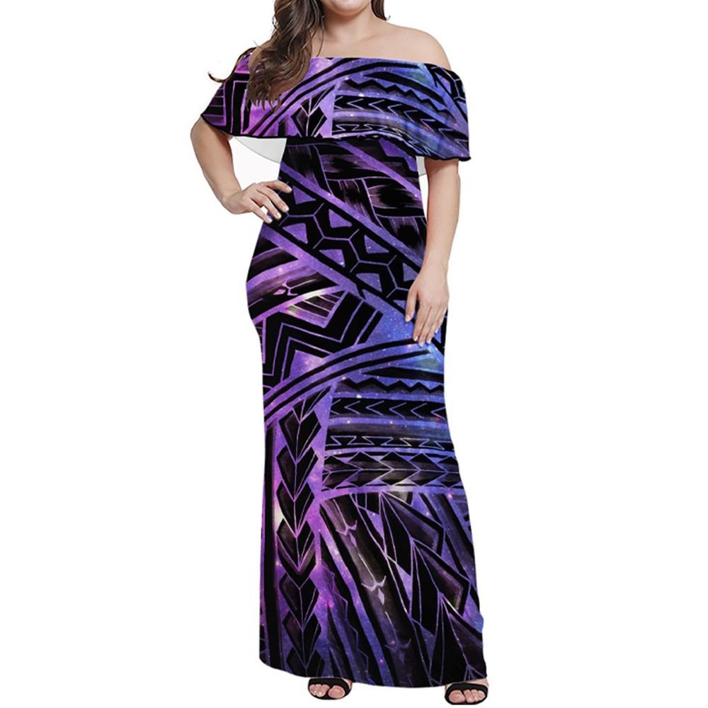 Polynesian Pride Dress Polynesian Spearhead Purple Galaxy Off Shoulder Long Dress