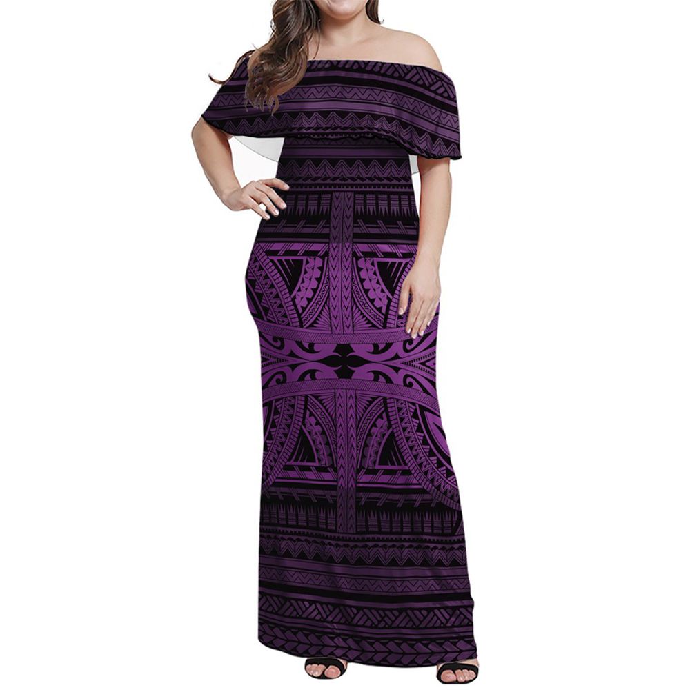 Polynesian Pride Dress Tribal Mix Polynesian Culture Purple Off Shoulder Long Dress