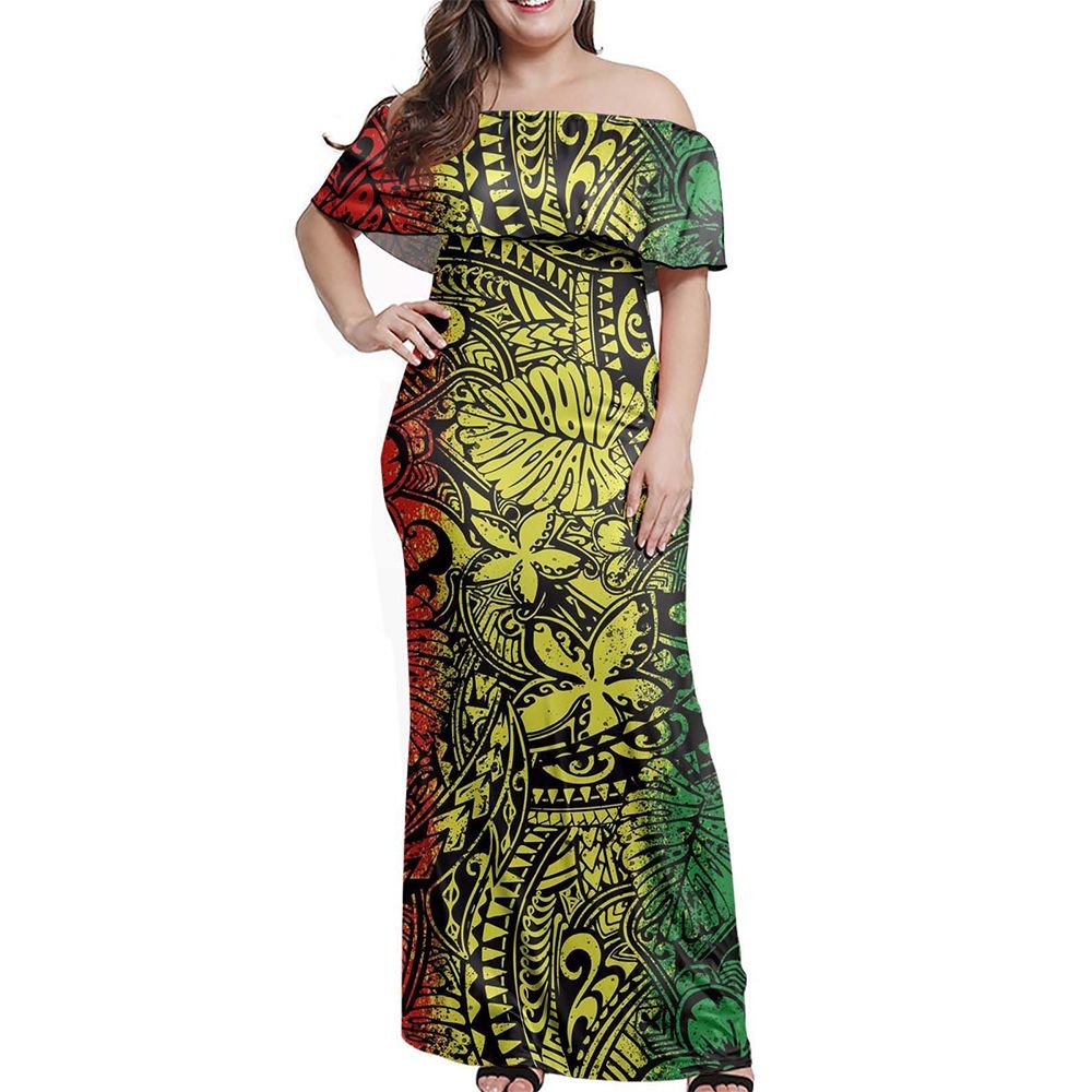 Polynesian Pride Dress Polynesian Flower Grunge Reggae Off Shoulder Long Dress