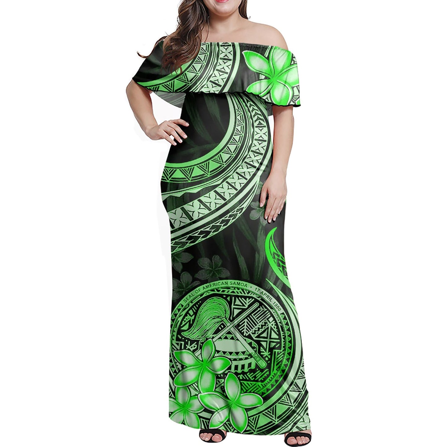 Polynesian Pride Dress American Samoa Siapo Coat Of Arms Light Green Off Shoulder Long Dress