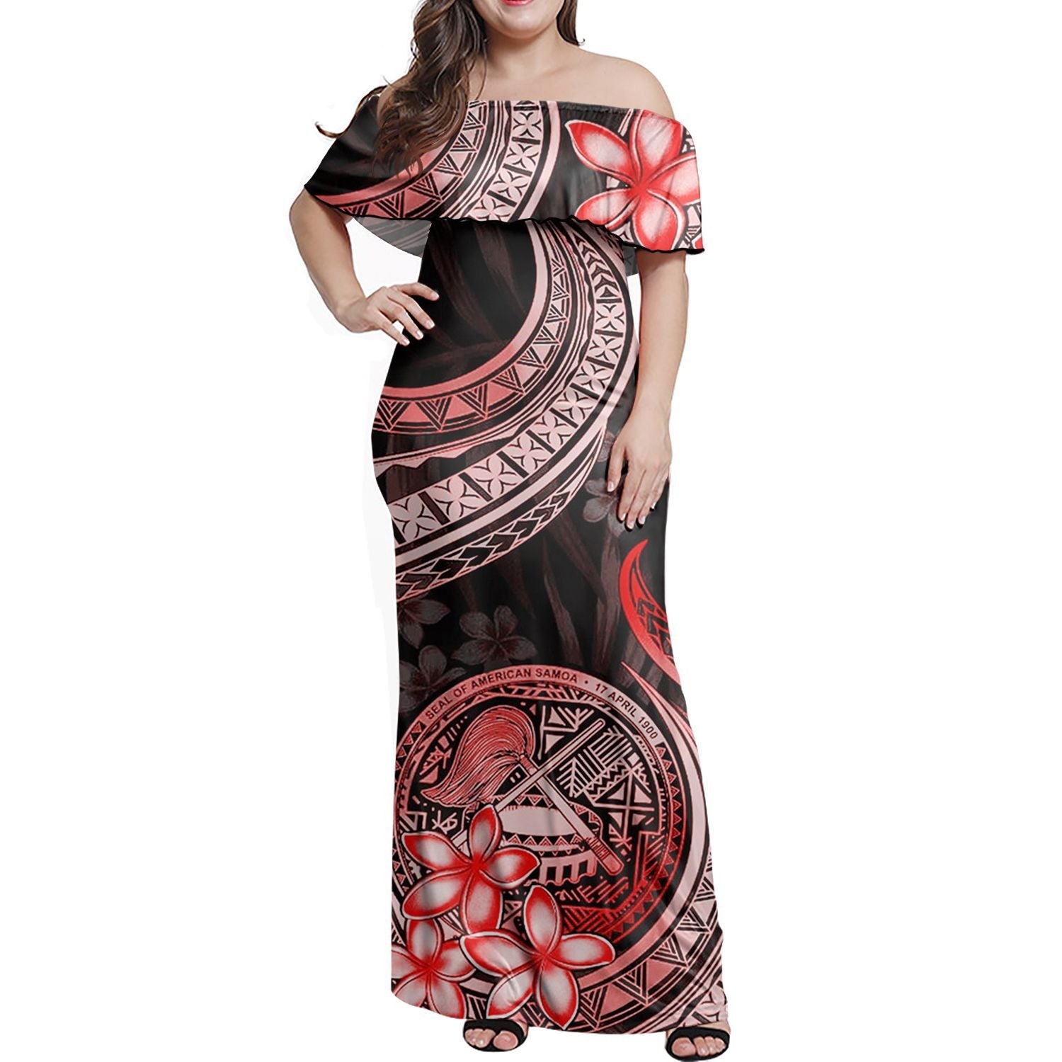 Polynesian Pride Dress American Samoa Siapo Coat Of Arms Red Off Shoulder Long Dress