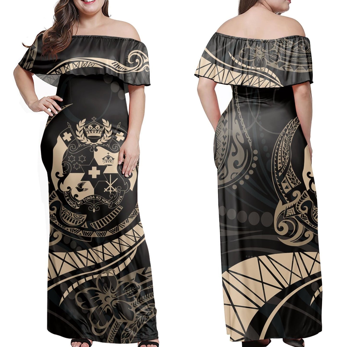 Polynesian Pride Dress Tropical Leaf Tonga Coat Of Arms Polynesia Beige Off Shoulder Long Dress