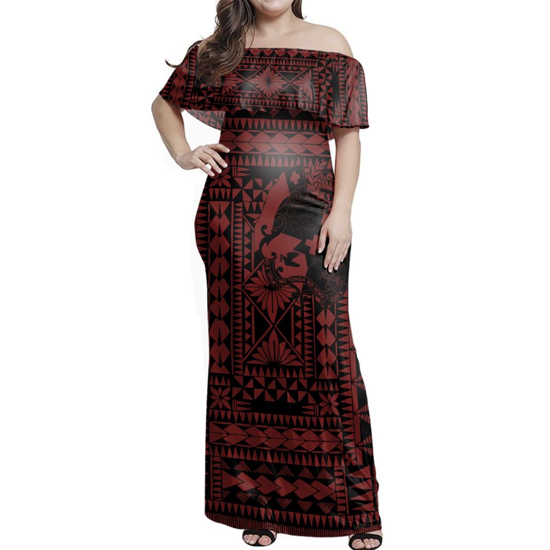 Polynesian Pride Dress Tonga Polynesian Mix Coat Of Arms Off Shoulder Long Dress
