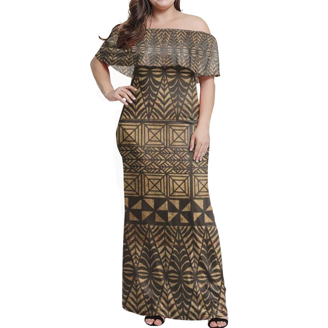 Polynesian Pride Dress Tongan Ngatu Simple Off Shoulder Long Dress
