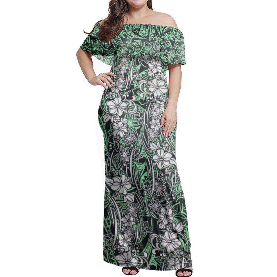Polynesian Pride Dress Samoan Siapo Elei Green Off Shoulder Long Dress