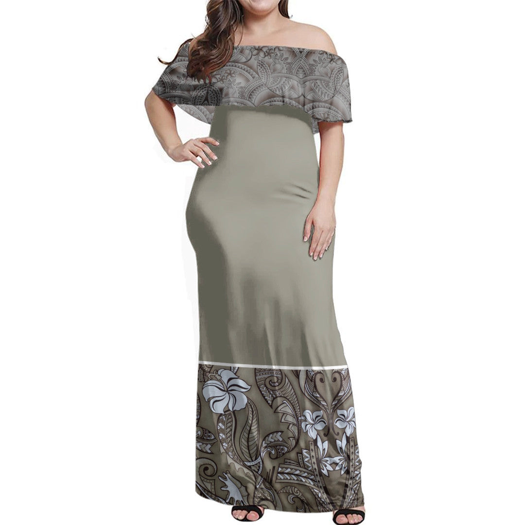 Polynesian Pride Dress Samoan Hibiscus Brown Elei Off Shoulder Long Dress