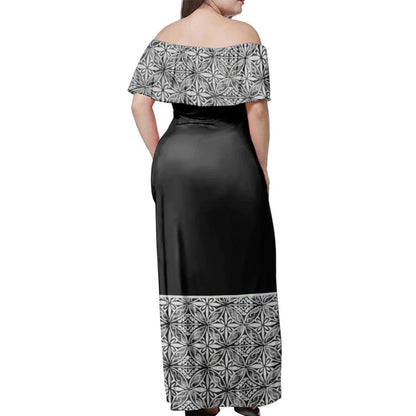 Polynesian Pride Dress Samoan Tapa Black n White Pattern Off Shoulder Long Dress