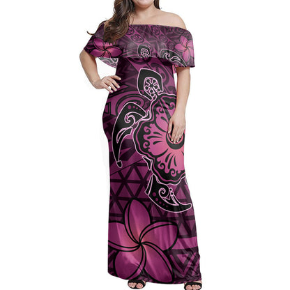 Polynesian Pride Dress Hawaii Mix Polynesian Turtle Plumeria Nick Style Pink Off Shoulder Long Dress
