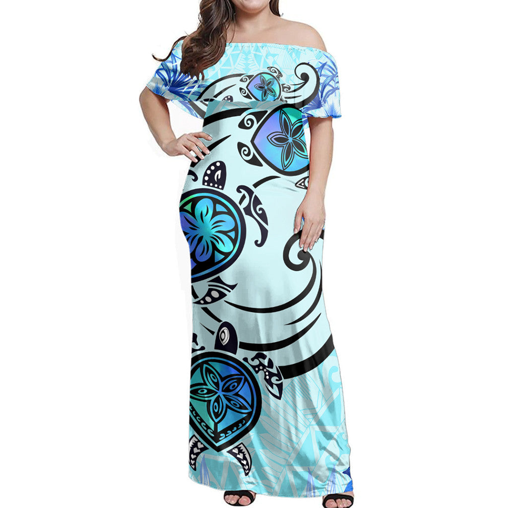 Polynesian Pride Dress Hawaii Polynesian Plumeria Hibiscus Turtle Jack Style Blue Off Shoulder Long Dress
