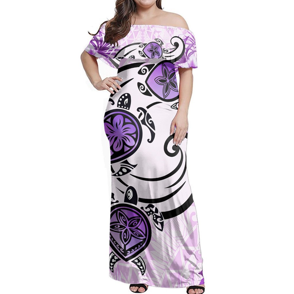 Polynesian Pride Dress Hawaii Polynesian Plumeria Hibiscus Turtle Jack Style Pink Off Shoulder Long Dress