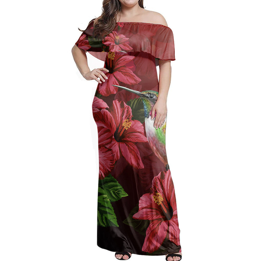 Polynesian Pride Dress Hawaii Red Hibiscus Humming Bird Off Shoulder Long Dress
