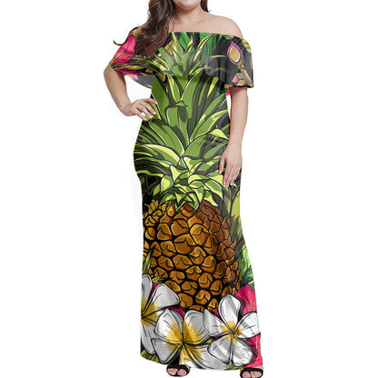 Polynesian Pride Dress Hawaii Tropical Flowers Pineapple Off Shoulder Long Dress