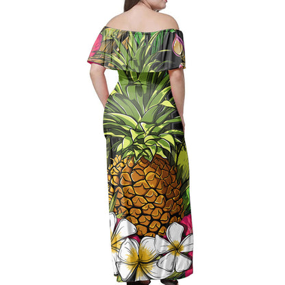 Polynesian Pride Dress Hawaii Tropical Flowers Pineapple Off Shoulder Long Dress