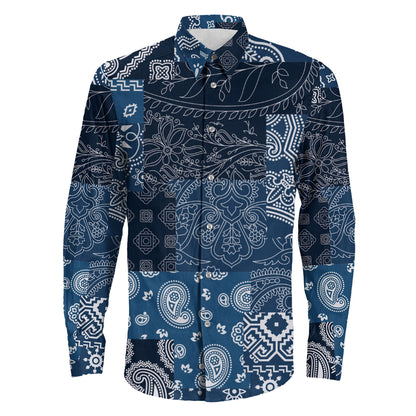 Shirt Blue Paisley Bandana Kerchief Fabric Patchwork Long Sleeve Button Shirt