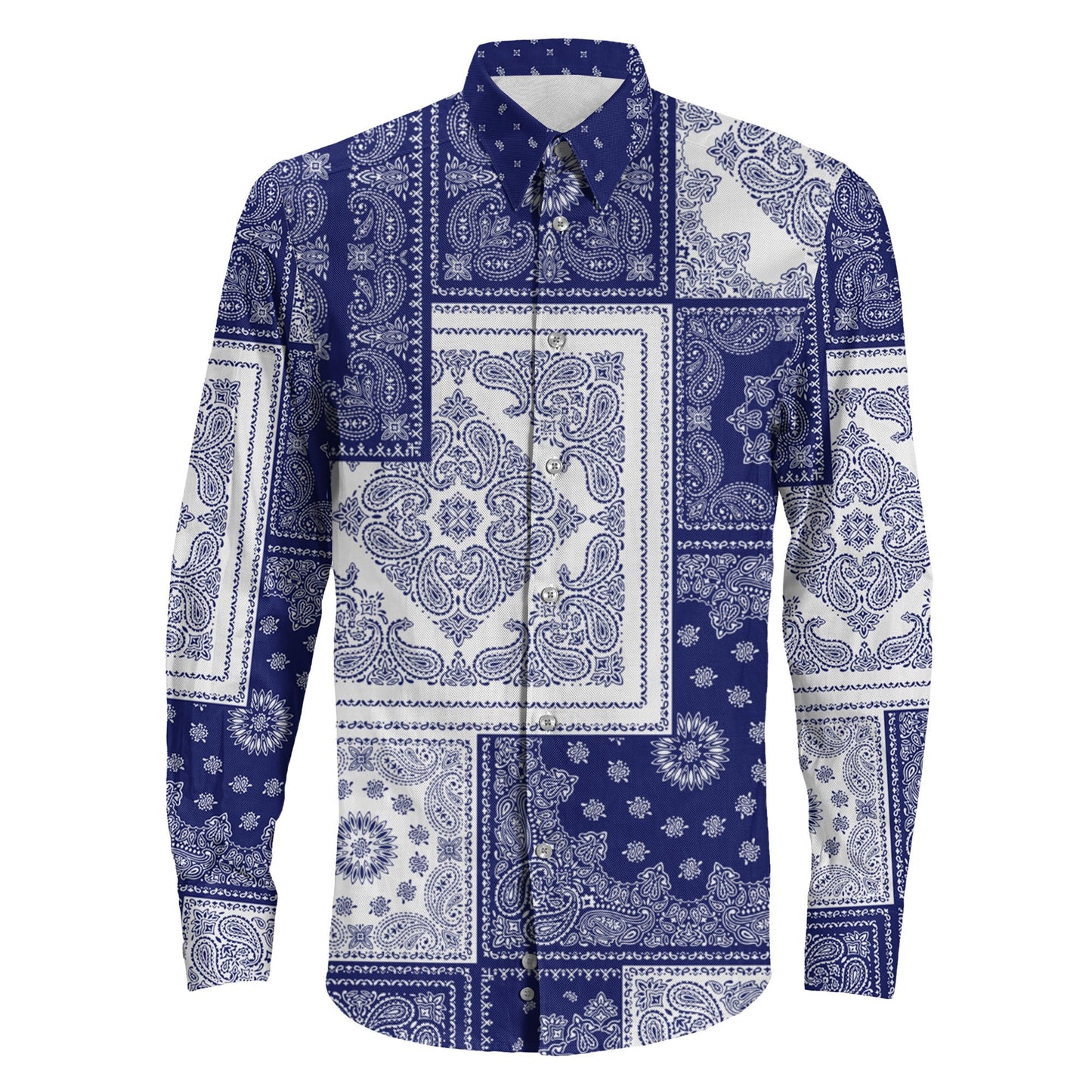 Shirt Blue Bandana Paisley Seamless Long Sleeve Button Shirt