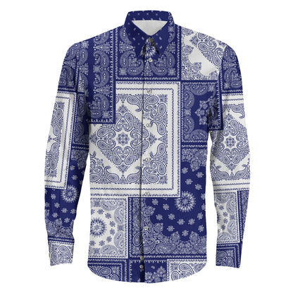 Shirt Blue Bandana Paisley Seamless Long Sleeve Button Shirt