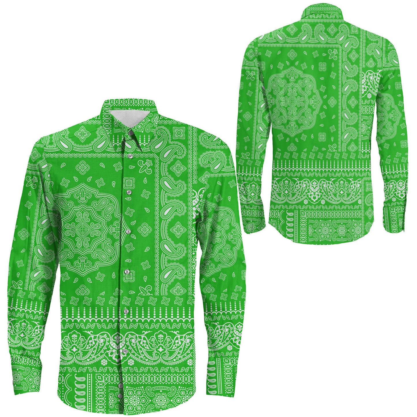 Shirt Paisley Bandana Fabric Patchwork Green Long Sleeve Button Shirt