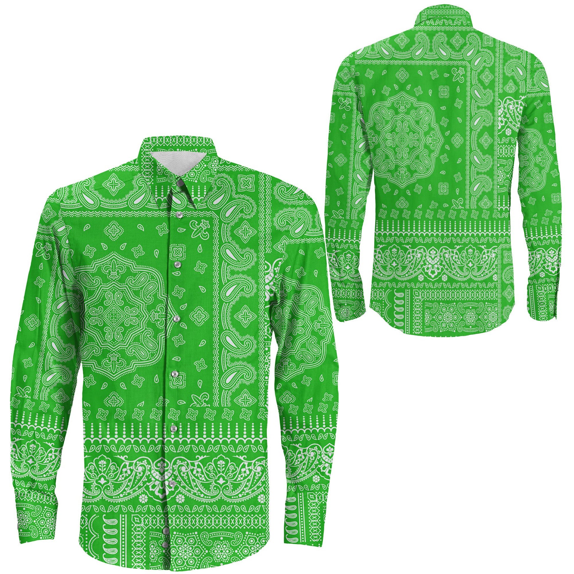 Shirt Paisley Bandana Fabric Patchwork Green Long Sleeve Button Shirt
