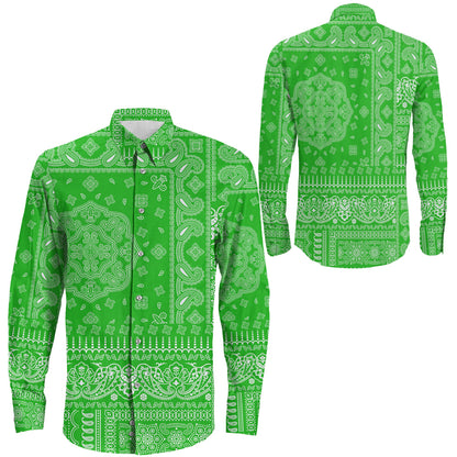 Shirt Paisley Bandana Fabric Patchwork Green Long Sleeve Button Shirt