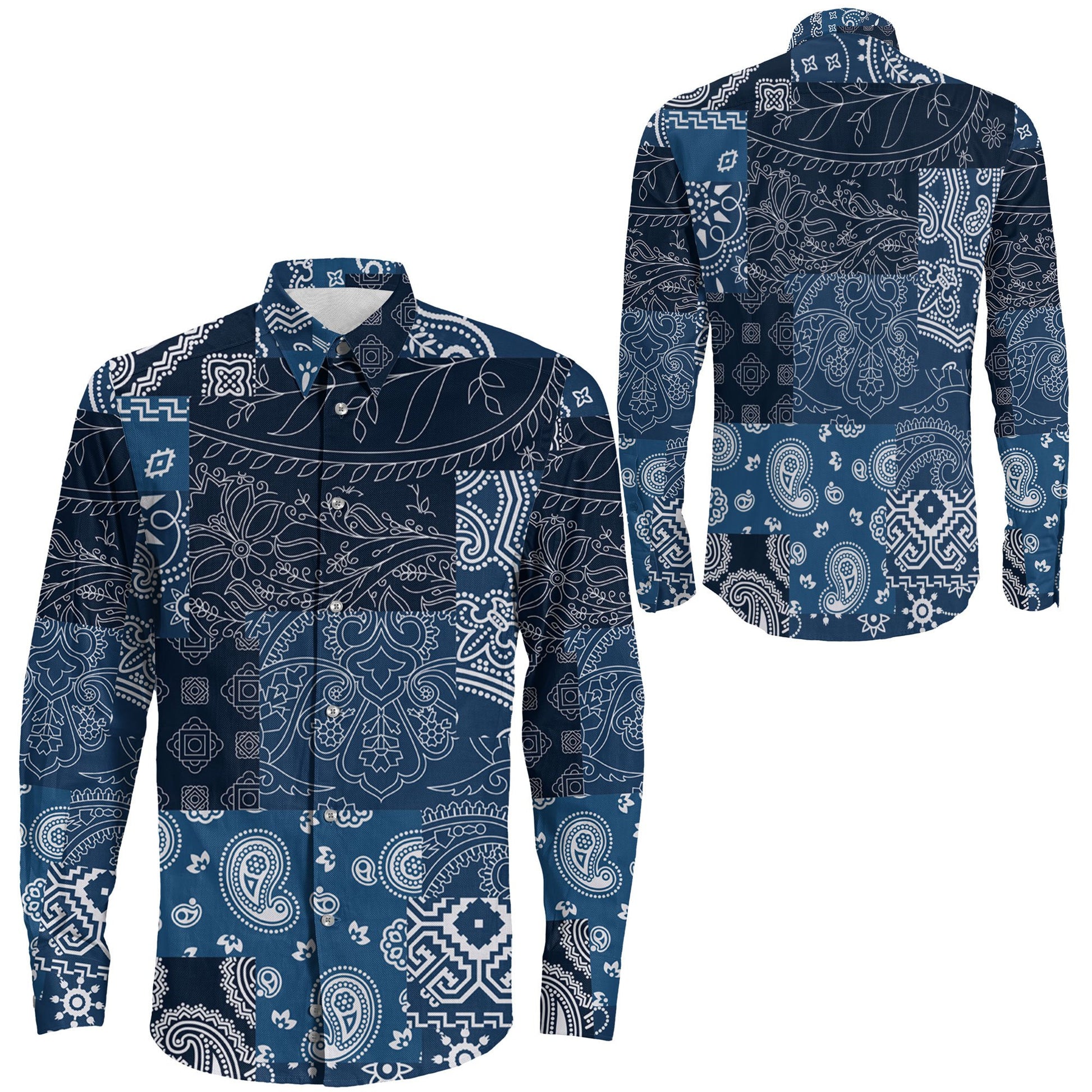 Shirt Blue Paisley Bandana Kerchief Fabric Patchwork Long Sleeve Button Shirt
