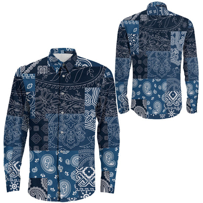Shirt Blue Paisley Bandana Kerchief Fabric Patchwork Long Sleeve Button Shirt